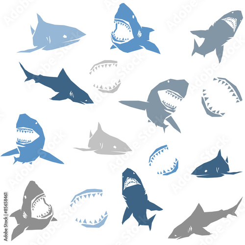Sharks silhouettes seamless pattern. Isolated blue on white