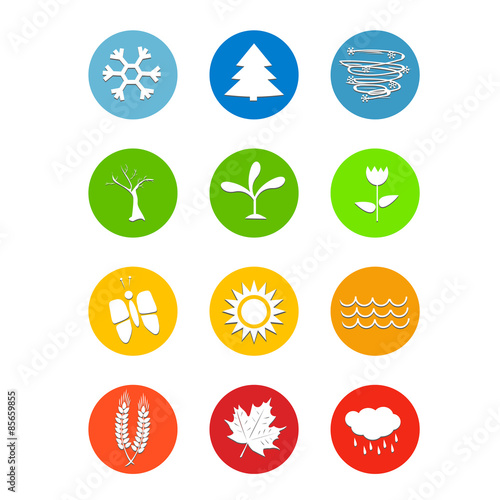 Set of 12 months calendar icons Weather four seasons