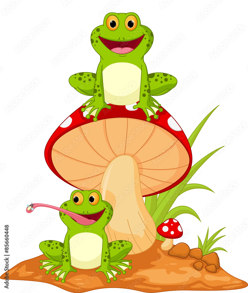 Fototapeta premium Happy frog cartoon sitting on mushroom