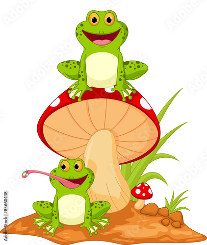 Happy frog cartoon sitting on mushroom