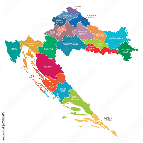 Fotografie, Obraz Croatia Map with Regions Colored Vector Illustration