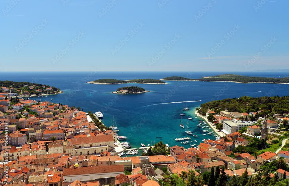 Harbor of old Adriatic island town Hvar. High angle view. Popular touristic destination of Croatia.