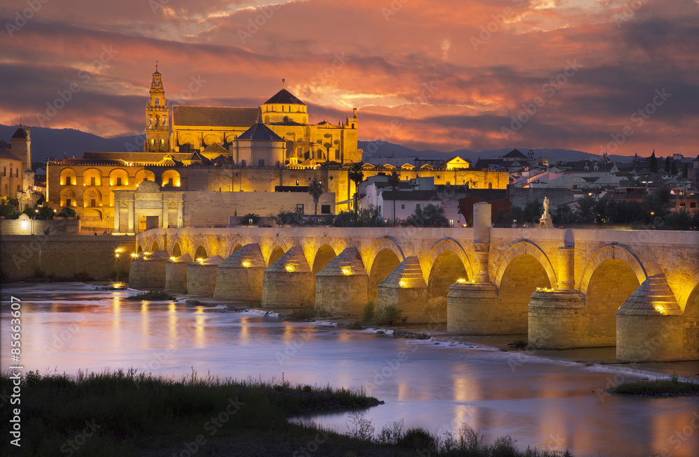 Cordoba - Roman bridge and the Cathedral in background at dusk