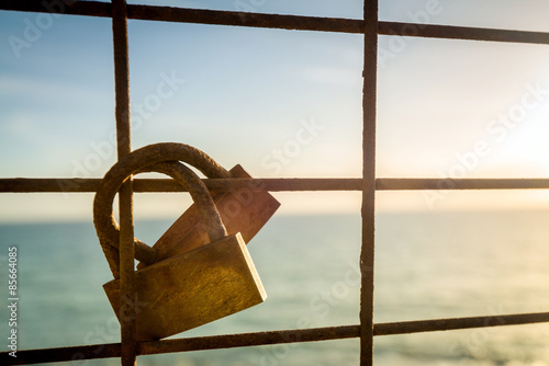 Quadro em tela Rusty love locks hanging on the fence as a symbol of loyalty and