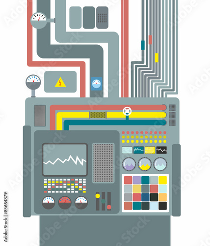 Production system. Control Panel with buttons and sensors. Butto