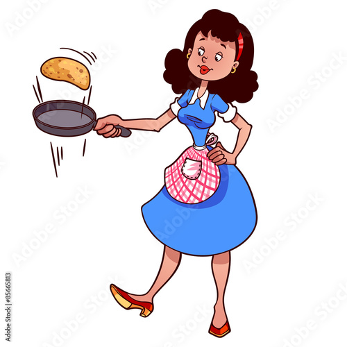 Cute housewife in apron with a frying pan and pancake