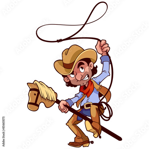 Cowboy with lasso on a stick-horse on white background