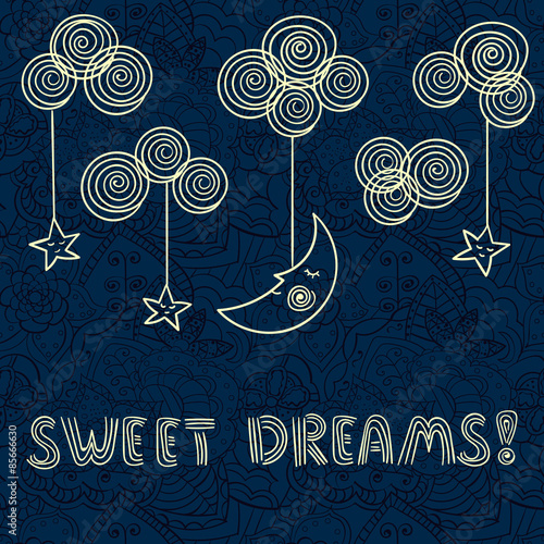 Sleeping moon and stars on the night sky. Hand drawn vector illustration. 