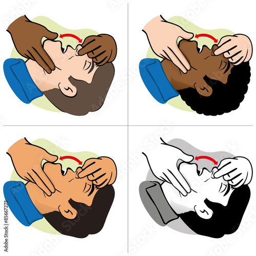 First aid person opening the mouth clearing airway, ethnicities