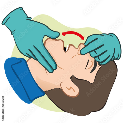 First aid person opening the mouth clearing airway, gloves