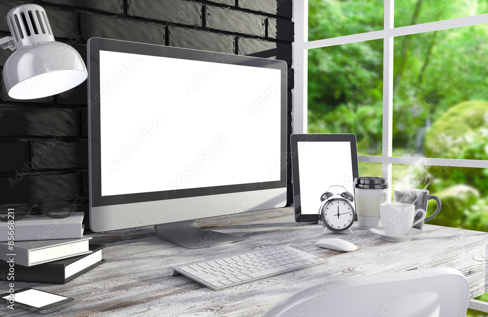 Fototapeta premium 3D illustration PC screen on table in office, Workspace