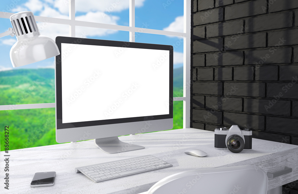 Fototapeta premium 3D illustration PC screen on table in office, Workspace