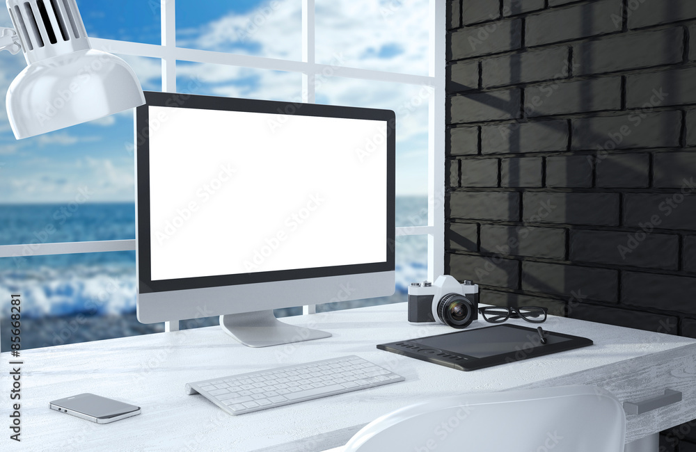 Fototapeta premium 3D illustration PC screen on table in office, Workspace