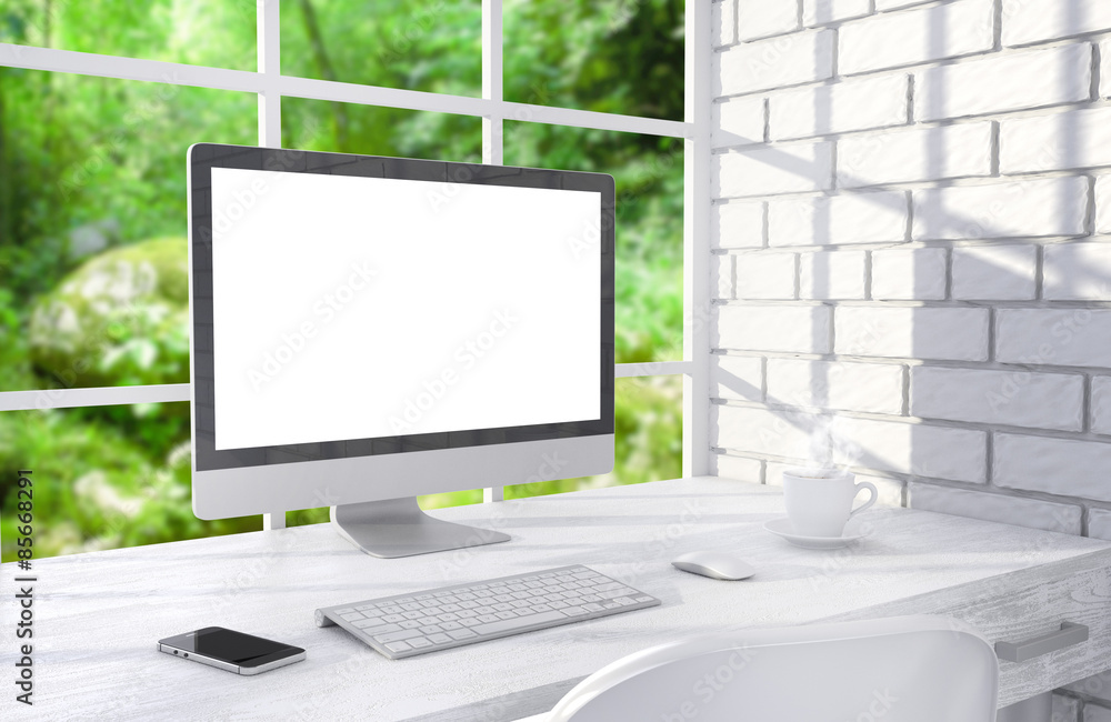 Fototapeta premium 3D illustration PC screen on table in office, Workspace