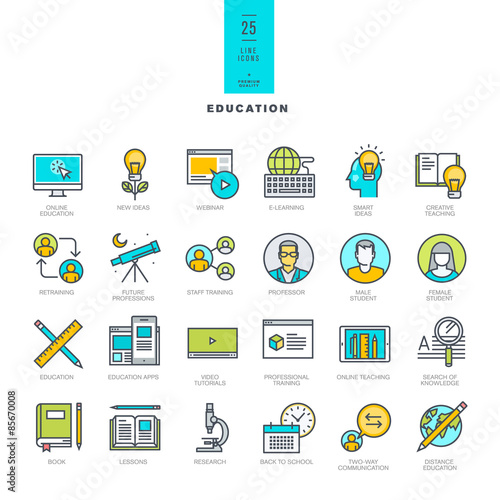 Set of line modern color icons for online education