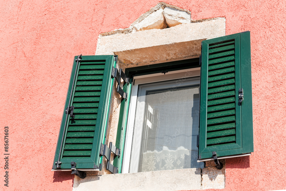  wooden green window on traditional greek house, Corfu island