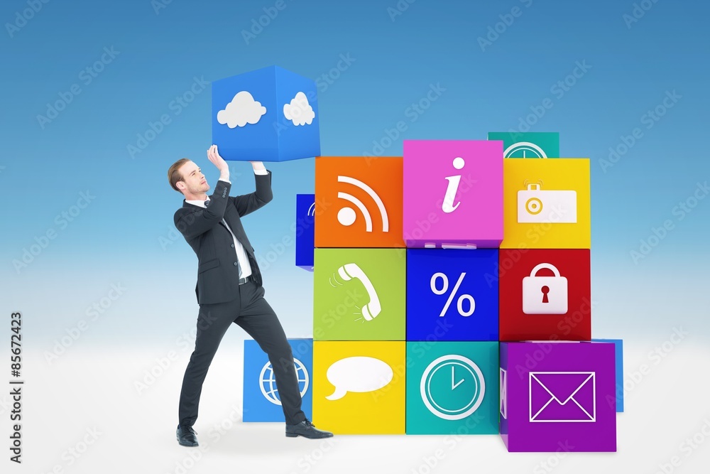 Composite image of handsome businessman with hands up