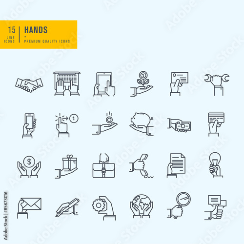 Thin line icons set. Icons of hand using devices, using money, in business situations, communication.