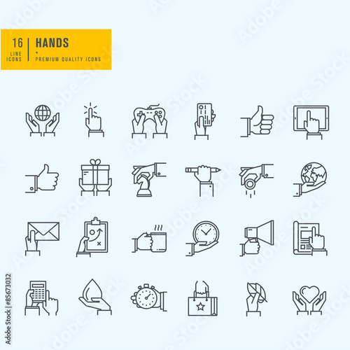 Thin line icons set. Icons of hand using devices, using money, in business situations, in design, ecology, marketing process.