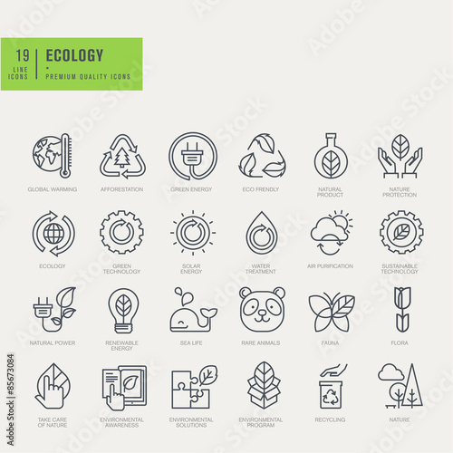 Thin line icons set. Icons for environmental, recycling, renewable energy, nature.