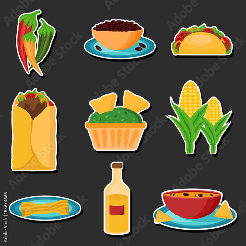 Set of cartoon stickers with mexican food