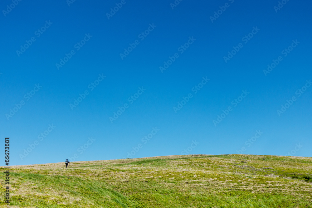 Hiker on the green plain under blue skies