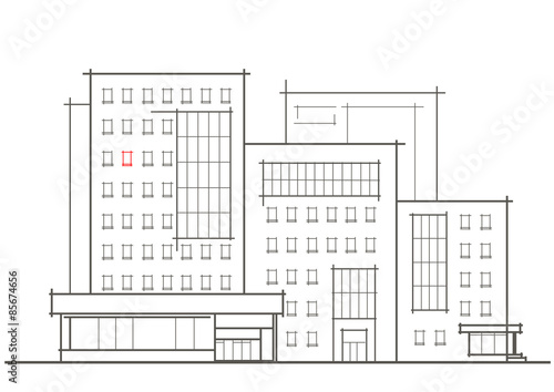 Linear architectural sketch of multistory building with red window front view