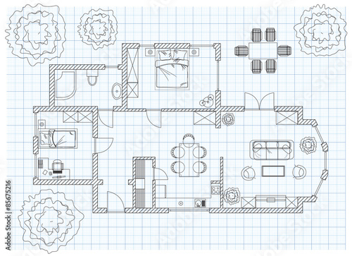 Black and White floor plan sketch of a house on millimeter paper.