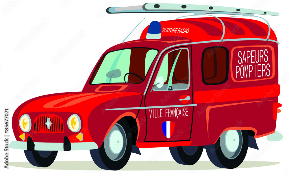 Fototapeta premium Caricatura Renault 4 furgoneta roja bomberos vista frontal y lateral