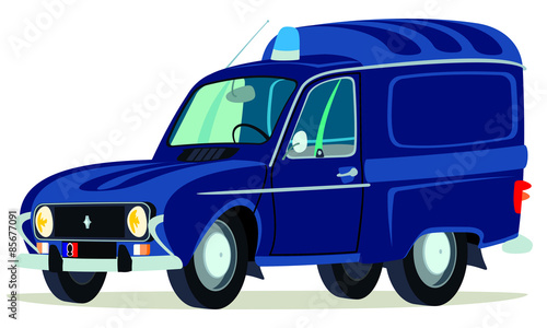 Caricatura Renault 4 furgoneta azul gendarmeria vista frontal y lateral