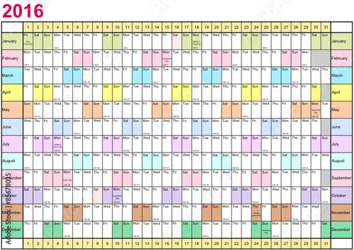 Jahresplaner 2016 linear mit gesetzlichen Feiertagen und Monate in unterschiedlichen bunten Farben für USA