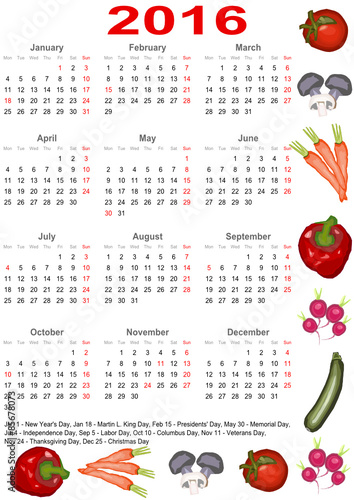 Kalender 2016 für USA mit Markierung und Auflistung der gesetzlichen Feiertage umrandet mit verschiedenen Gemüsesorten