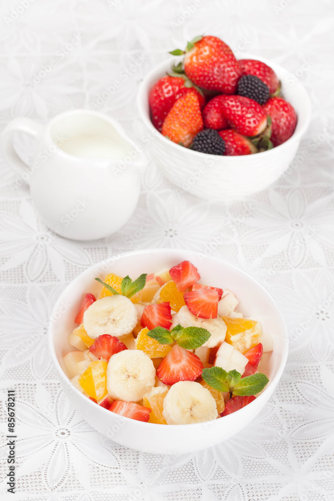 bowl of fresh fruit salad, close-up bowl of fresh fruit salad, close-up