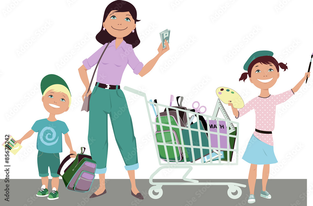 Cute cartoon mother with two children: boy and girl, standing next to a shopping cart, filled with school supplies, holding saved money in her hand, vector illustration, no transparencies, EPS 8 Cute cartoon mother with two children: boy and girl, standing next to a shopping cart, filled with school supplies, holding saved money in her hand, vector illustration, no transparencies, EPS 8