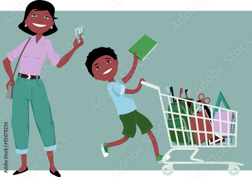Cute cartoon mother holding saved money in her hand, her little boy riding a shopping cart, filled with school supplies, vector illustration, no transparencies, EPS 8