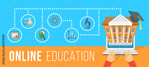 Modern flat vector conceptual horizontal illustration of online education using computer. Internet courses and e-learning training by laptop. Infographics element with human hands and school icons