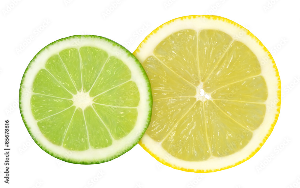 Two cut rings lime and lemon isolated on a white background.