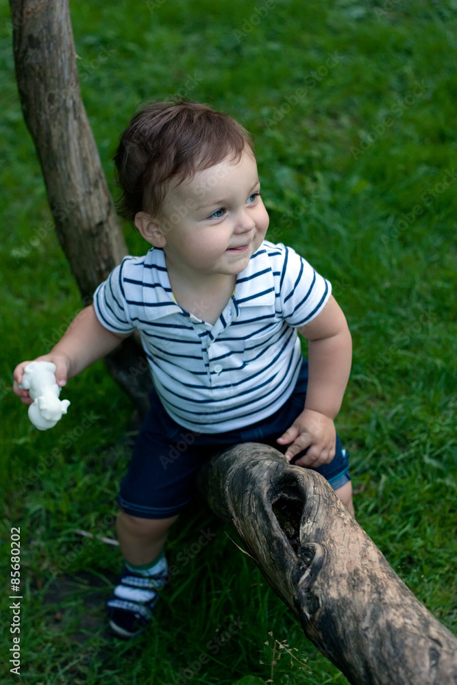 Little boy with a toy in hands lying on the tree in the park Little boy with a toy in hands lying on the tree in the park