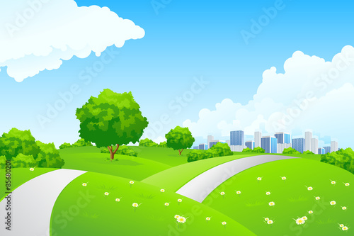 Landscape - green hills with tree and cityscape