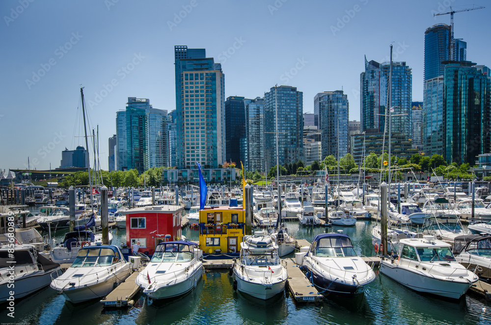 Colorful houseboats are moored in the marina in Vancouver BC alongside motor boats and sailing yachts with the city skyline in the background.