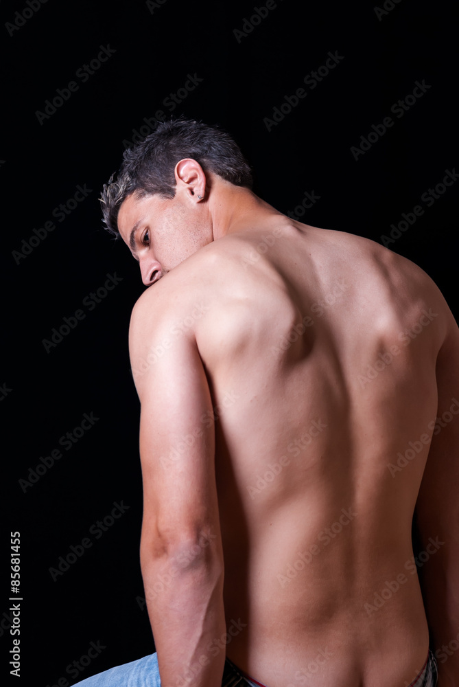 Back Of Masculine Sexy Shirtless Thin Man Stock Photo, Picture and