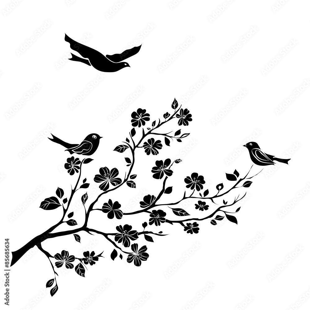 Fototapeta premium twig cherry blossoms and birds
