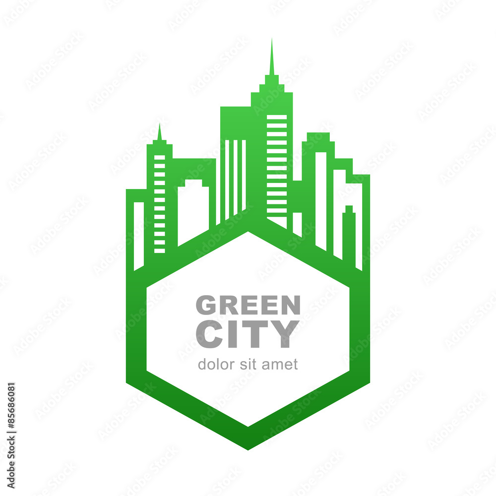 City buildings silhouette. Vector logo design template. Green fr