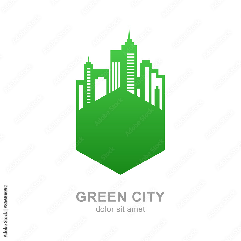 City buildings silhouette. Vector green logo design template. Ab