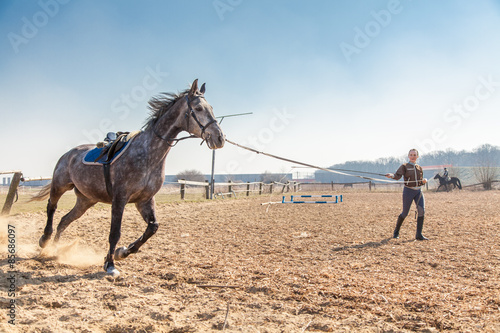Fotografie Young woman training a horse