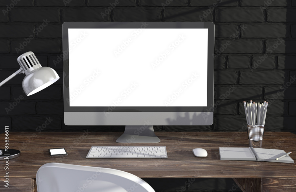 Fototapeta premium 3D illustration PC screen on table in office, Workspace