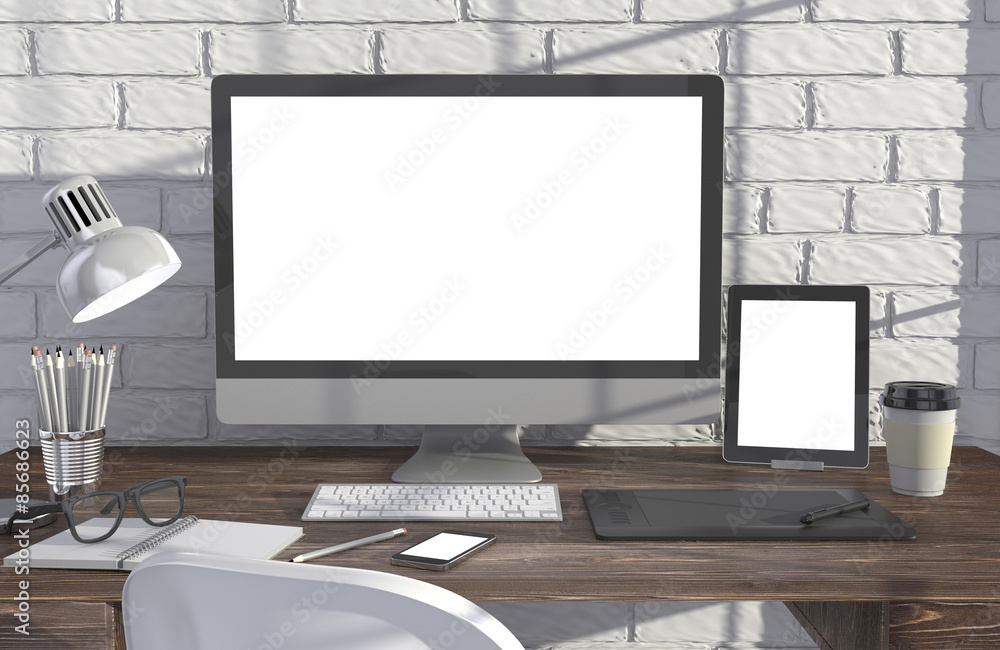 Fototapeta premium 3D illustration PC screen on table in office, Workspace