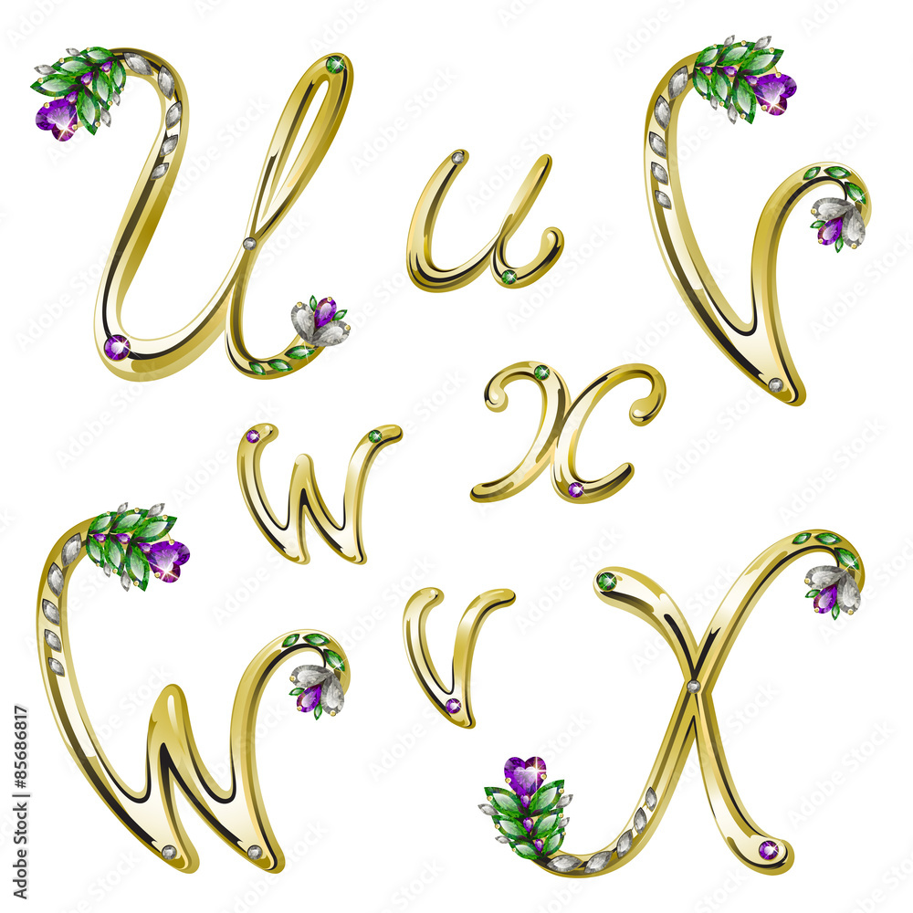 Gold alphabet with diamonds and gems letters U,V,W,X Gold alphabet with diamonds and gems letters U,V,W,X