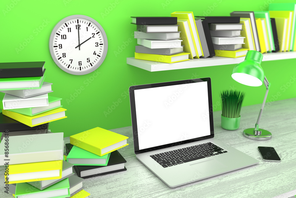 3D illustration laptop and books, Workspace 3D illustration laptop and books, Workspace