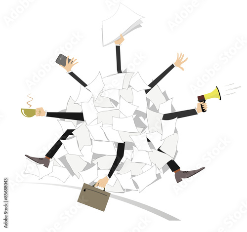 Legs and hands of the businessmen stick out from a big ball of papers  